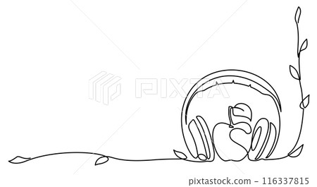 Headphones with apple and plants. Continuous one line drawing Headphones with apple and plants. Continuous one line drawing 116337815