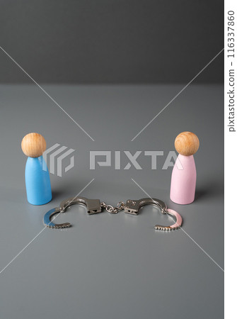 A man and woman couple are freed from the shackles of relationships. Divorce and mutual termination of relationships. Termination of marriage by consent of the parties. A man and woman couple are freed from the shackles of relationships. Divorce and mutual termination of relationships. Termination of marriage by consent of the parties. 116337860