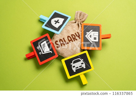 Salary and expenses. The money bag and attached signs symbolize expense items. Financial management and spending planning. Economics and business. Investments and diversification of funds. Salary and expenses. The money bag and attached signs symbolize expense items. Financial management and spending planning. Economics and business. Investments and diversification of funds. 116337865