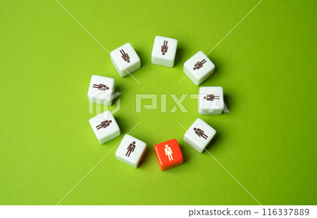 Circle of people team and highlighted red man. Dismissal, vacancy. A corporate mole and an industrial spy have been found. 116337889