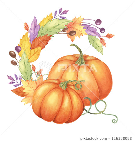 Autumn leaves and orange pumpkins watercolor wreath. Colorful Yellow, orange, red, purple foliage and squash clipart. Round frame Design element for autumnal decor, thanksgiving day, cards, gift tags, 116338098