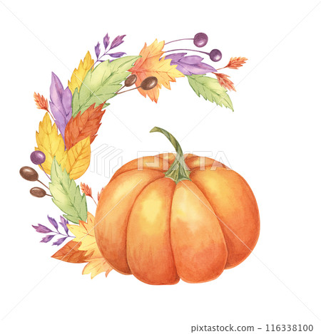 Autumn leaves and pumpkin watercolor wreath. Colorful Yellow, orange, red, purple foliage and squash clipart. Round frame Design element for autumnal decor, thanksgiving day, cards, gift tags, Autumn leaves and pumpkin watercolor wreath. Colorful Yellow, orange, red, purple foliage and squash clipart. Round frame Design element for autumnal decor, thanksgiving day, cards, gift tags, 116338100