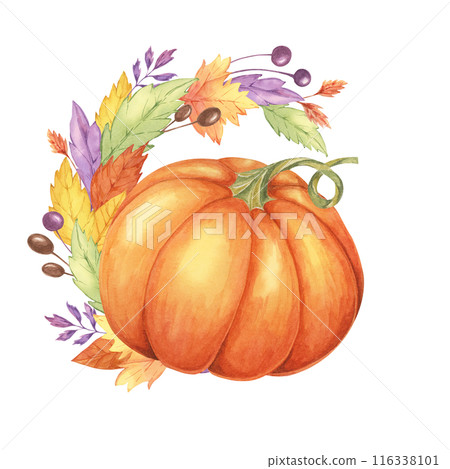 Autumn leaves and pumpkin watercolor wreath. Colorful Yellow, orange, red, purple foliage and squash clipart. Round frame Design element for autumnal decor, thanksgiving day, cards, gift tags, 116338101