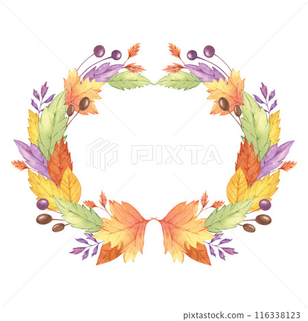 Autumn leaves watercolor wreath. Colorful Yellow, orange, red, purple foliage and berries clipart. Round frame Design element for autumnal decor, thanksgiving day, cards, gift tags, scrapbooking 116338123