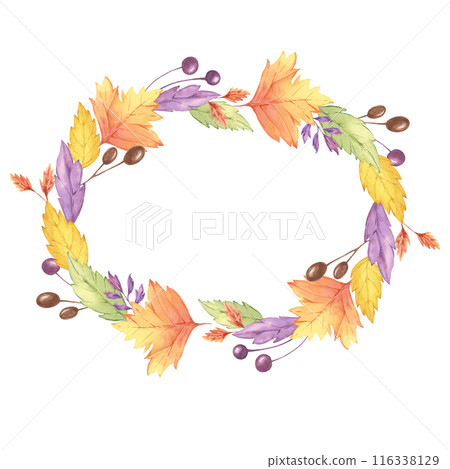 Autumn leaves watercolor wreath. Colorful Yellow, orange, red, purple foliage and berries clipart. Round frame Design element for autumnal decor, thanksgiving day, cards, gift tags, scrapbooking 116338129