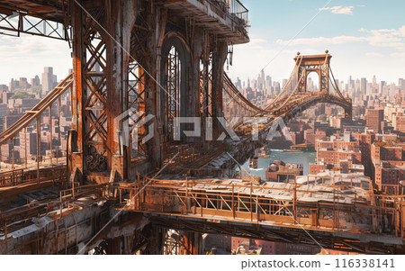 Rusty industrial constructions over decayed city. Post-apocalyptic sci-fi landscape with city ruins. 116338141