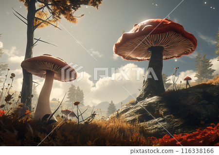 Giant magic mushrooms on the hill in forest. Fairytale artwork with surreal mushrooms. Giant magic mushrooms on the hill in forest. Fairytale artwork with surreal mushrooms. 116338166
