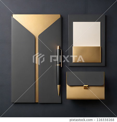 Mock up template with set of stationary elements. Folder, business card, envelope and pen. 116338168