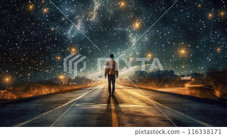 Man walking on the road to horizon. Concept of open way for business. 116338171
