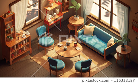 Vibrant lounge room with modern furniture, bookshelves and greenery. Isometric living room interior. 116338187