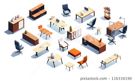 Set of isometric office furniture with desk and chair icons. 116338190