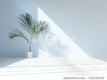 Interior designed in minimalism with palm tree, natural light, and modern style, creating clean and serene space 116338197
