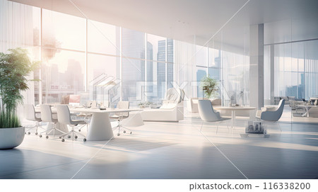 White office interior with green plants. Greenery in the clean and bright corporate workspace 116338200