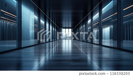 Office building interior with long hall and doors. Empty office corridor with lamps and glass decorations. 116338203