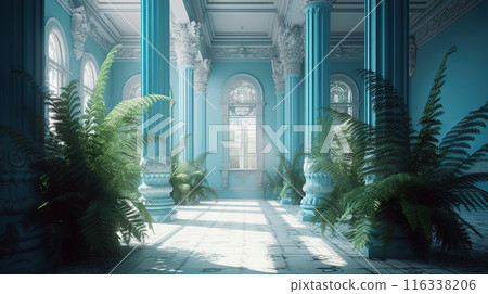 Corridor of blue columns and green plants in antique styled hotel. 116338206
