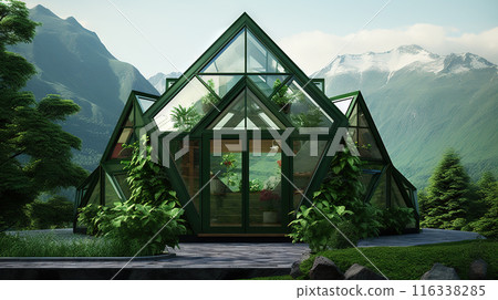 Abstract biomimetic architecture design influenced by nature and geometric forms. Sustainable building, healthy home in the forest. 116338285