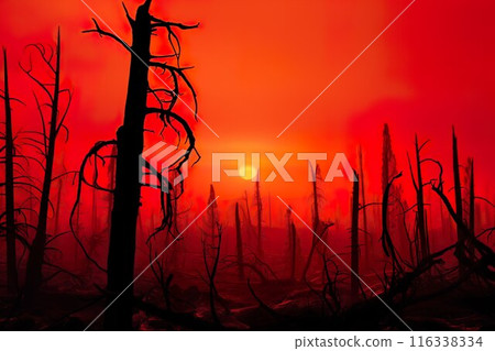 Red Sunset Over Burnt Forest, Catastrophe and Destruction, Fire and Tragedy. Climate change concept 116338334