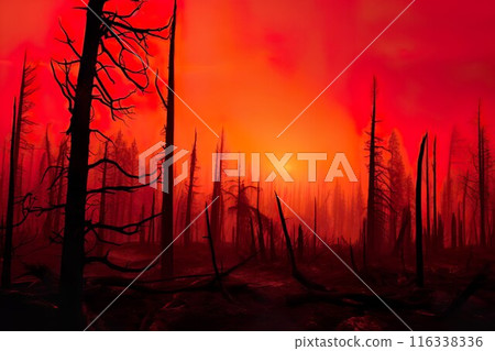Red Sunset Over Burnt Forest, Catastrophe and Destruction, Fire and Tragedy. Climate change concept 116338336