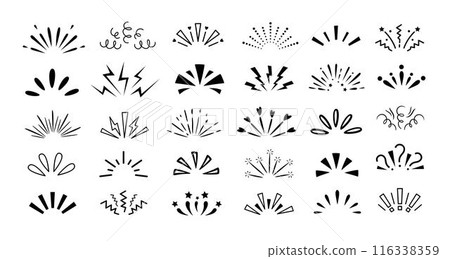 Doodle line sparkles. Surprise burst rays, hand drawn sunburst and confetti explosion lines. Comic celebrating splash manga comic emotion expression vector set. Sunshine and starburst isolated symbol 116338359