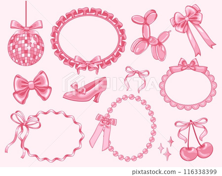 Coquette decorative elements. Girly bows on Y2k ruffled ribbon frame, pump shoe, disco ball and pink cherry. Girl party accessories vintage vector illustrations. Shiny pink satin gift bow collection 116338399