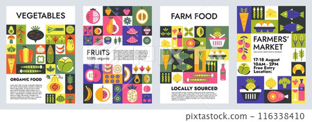 Organic food geometric mosaic poster. Farmers market invitation, vegetables, fruits and locally sourced farm food advertisement with geometric icons vector illustration. Bauhaus Scandinavian tiles Organic food geometric mosaic poster. Farmers market invitation, vegetables, fruits and locally sourced farm food advertisement with geometric icons vector illustration. Bauhaus Scandinavian tiles 116338410
