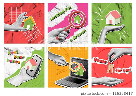 Mixed media mortgage. Real estate and home search collage renting and property searching with magnifying glass. Housing market vector illustration set. Online internet researching, investment concept 116338417