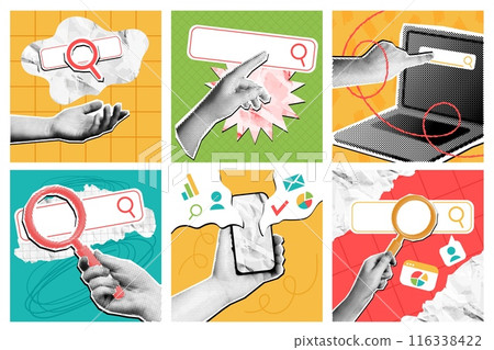 Mixed media online search. Internet search bar with magnifying glass icon, SEO optimization and research pop art with halftone hand vector set. Internet searching, discovery and forecast concept 116338422