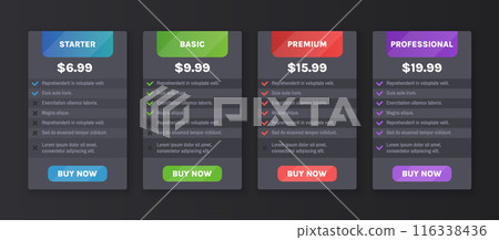 Price comparison layout. Tariff tier, pricing table with options for Starter, Basic, Premium and Professional subscription plans. Dark mode vector template. Business comparative tab checklist Price comparison layout. Tariff tier, pricing table with options for Starter, Basic, Premium and Professional subscription plans. Dark mode vector template. Business comparative tab checklist 116338436