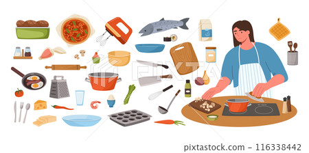 Cooking and kitchen tools. Woman chef preparing food with collection of ingredients and cooking utensils. Recipe creation kit for home cooking, dinner preparation, housewife hobby vector set 116338442