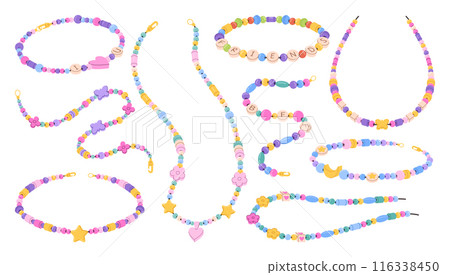 Beaded friendship bracelets and necklaces. Handmade jewelry, crafty DIY fashion accessories for kids and teens. Hippie bracelet, necklace string with love, BFF and friends beads vector set Beaded friendship bracelets and necklaces. Handmade jewelry, crafty DIY fashion accessories for kids and teens. Hippie bracelet, necklace string with love, BFF and friends beads vector set 116338450