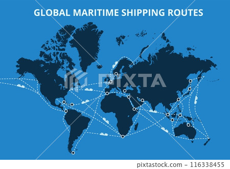 Global maritime shipping routes map. International sea routes for cargo shipping, major ports and trading hubs on world map with cargo ship icons and dashed line paths vector illustration 116338455