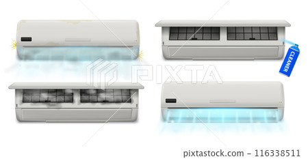 Air conditioner cleaning process. Dirty and clean air conditioner filters, before and after cleaning with cleaner spray. Maintenance air conditioners vector illustration 116338511
