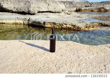 Bottle of wine in the rocks. Bottle of wine in the rocks. 116338515
