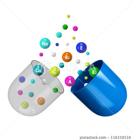 Multivitamin capsule pill. Open capsule shell with colorful complex vitamin granules and mineral pellets. Nutritional supplement isolated 3D. Medicine and pharma vector illustration Multivitamin capsule pill. Open capsule shell with colorful complex vitamin granules and mineral pellets. Nutritional supplement isolated 3D. Medicine and pharma vector illustration 116338516