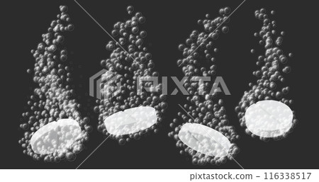 Effervescent tablet dissolving. Health supplements and medical tablets with fizzing bubbles. Medicine dissolution and carbonation process, painkiller solution vector illustration 116338517