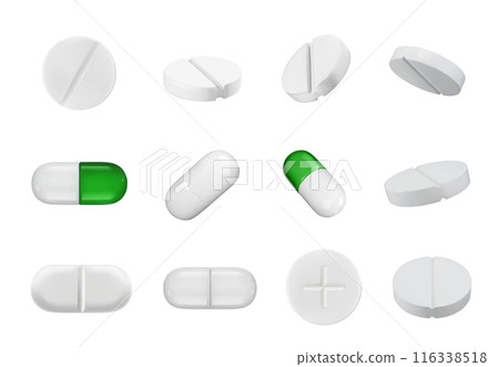 White medicine pills and capsules. Pharmaceutical tablets, medical drugs, vitamins and supplements for healthcare, pharmacy and treatment. Realistic 3D medication isolated painkiller pill vector set 116338518
