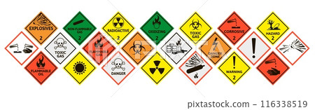 Hazard warning signs. Danger caution and safety symbols for explosives, flammable and toxic gas, corrosive and radioactive materials. Dangerous chemicals attention and protection stickers vector set 116338519