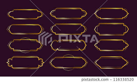 Arabic deco frames. Golden label border with Islamic window and oriental arches shapes. Luxurious gold line frame for UI button or horizontal art deco banner 1920s vector collection 116338520