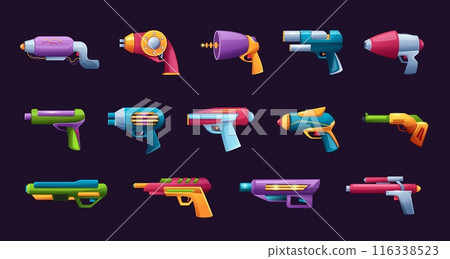 Futuristic cartoon blasters. Sci fi ray guns, space age weapons cartoon game design assets vector set. Futuristic cartoon blasters. Sci fi ray guns, space age weapons cartoon game design assets vector set. 116338523