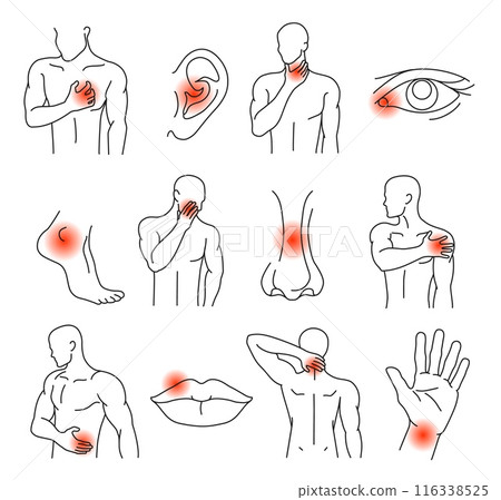 Pain types. Human figures and body parts with highlighted areas of pain or discomfort. Line art vector illustration set. Pain types. Human figures and body parts with highlighted areas of pain or discomfort. Line art vector illustration set. 116338525