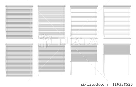 Window blinds open animation. Stages of Venetian blinds opening and closing, horizontal slat blinds options for window decor. Isolated vector illustration set. 116338526