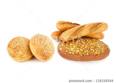 Bread, baguette and appetizing pastries isolated on white. Free space for text. Collage. 116338584
