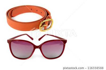 Women's brown leather belt and Sunglasses isolated on white. Collage. Free space for text. 116338588
