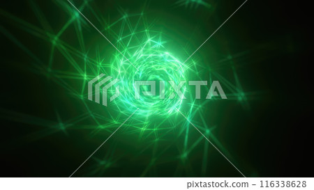 Abstract bright green glowing background with a tunnel of lines and stripes of energy of burning rays of plasma and electricity with light 116338628