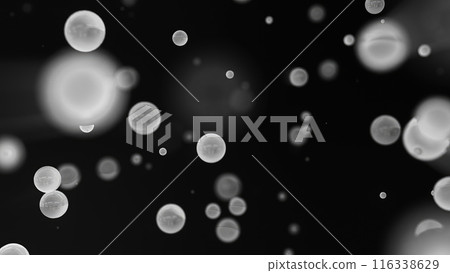 Abstract black and white glowing background with flying balls circles atoms molecules particles energy bubbles 116338629