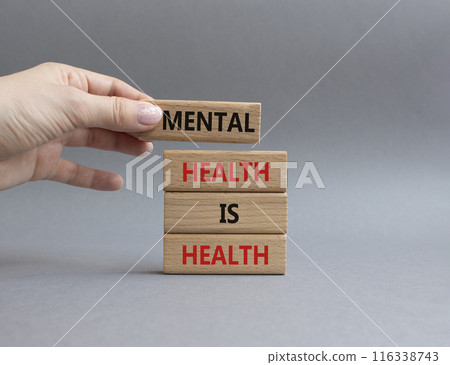 Mental Health symbol. Wooden blocks with words Mental Health is Health. Beautiful grey background. Doctor hand. Medical and Health concept. Copy space. Mental Health symbol. Wooden blocks with words Mental Health is Health. Beautiful grey background. Doctor hand. Medical and Health concept. Copy space. 116338743