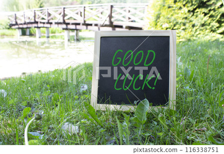 Good luck symbol. Good luck black chalk blackboard. Beautiful meadow background with bridge. Business and Good luck concept. Copy space. Good luck symbol. Good luck black chalk blackboard. Beautiful meadow background with bridge. Business and Good luck concept. Copy space. 116338751