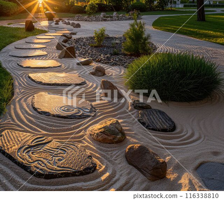 Blurred zen garden path with decorative stones. AI generation 116338810