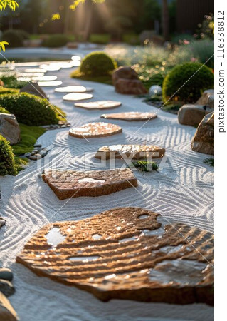 Blurred zen garden path with sunlit rocks. AI generation 116338812