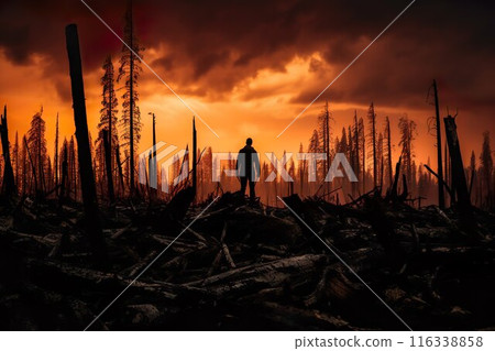 Silhouette in burned forest under dramatic sky, showing aftermath and devastation 116338858